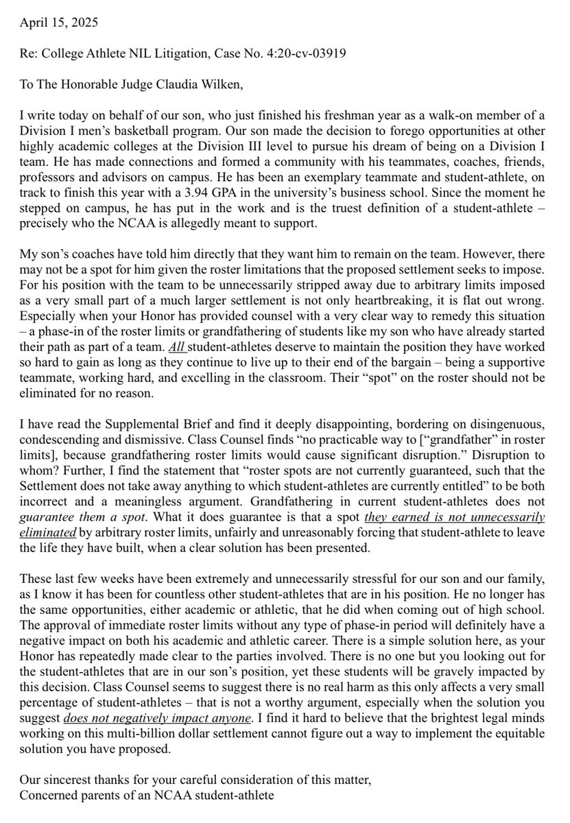 A parent of a bball player who will be cut due to the House settlement wrote to Judge Wilken and had this to say about the lawyers’ April 14th joint report: “it [was] deeply disappointing, bordering on disingenuous, condescending and dismissive.” Strong words. I don’t disagree.