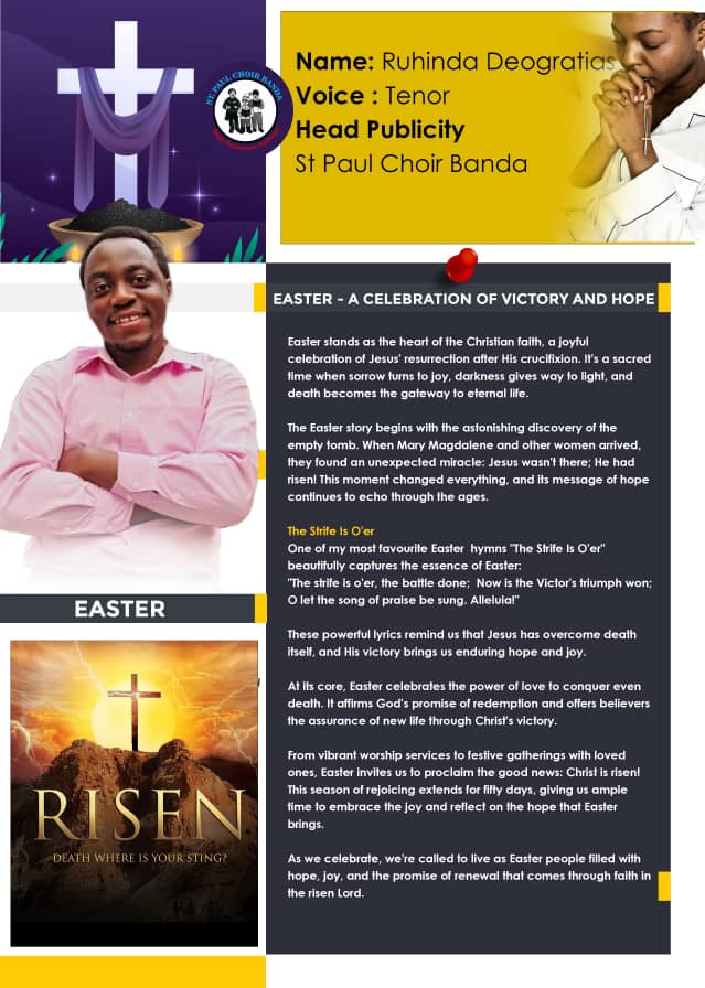 Easter reflection by our Head of Publicity, Ruhinda Deogratias! 

'The strife is o'er, the battle done.'

Join St Paul Choir Banda in celebrating Christ's victory!

 *#SPCBUpdates*
