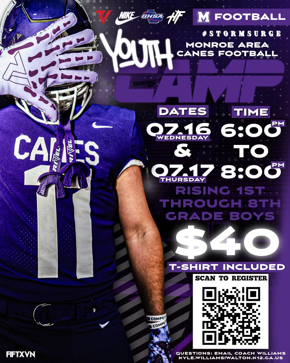 The Monroe Area Youth Camp will be July 16th &amp; 17th, 6pm to 8pm at the MAHS football stadium! This camp is for all youth football players from 1st to 8th grade. The fee is $40 and it will include a t-shirt. Scan the QR code to register! 
#StormSurge #CAT5 #CanesCulture 💜🌪️🏈