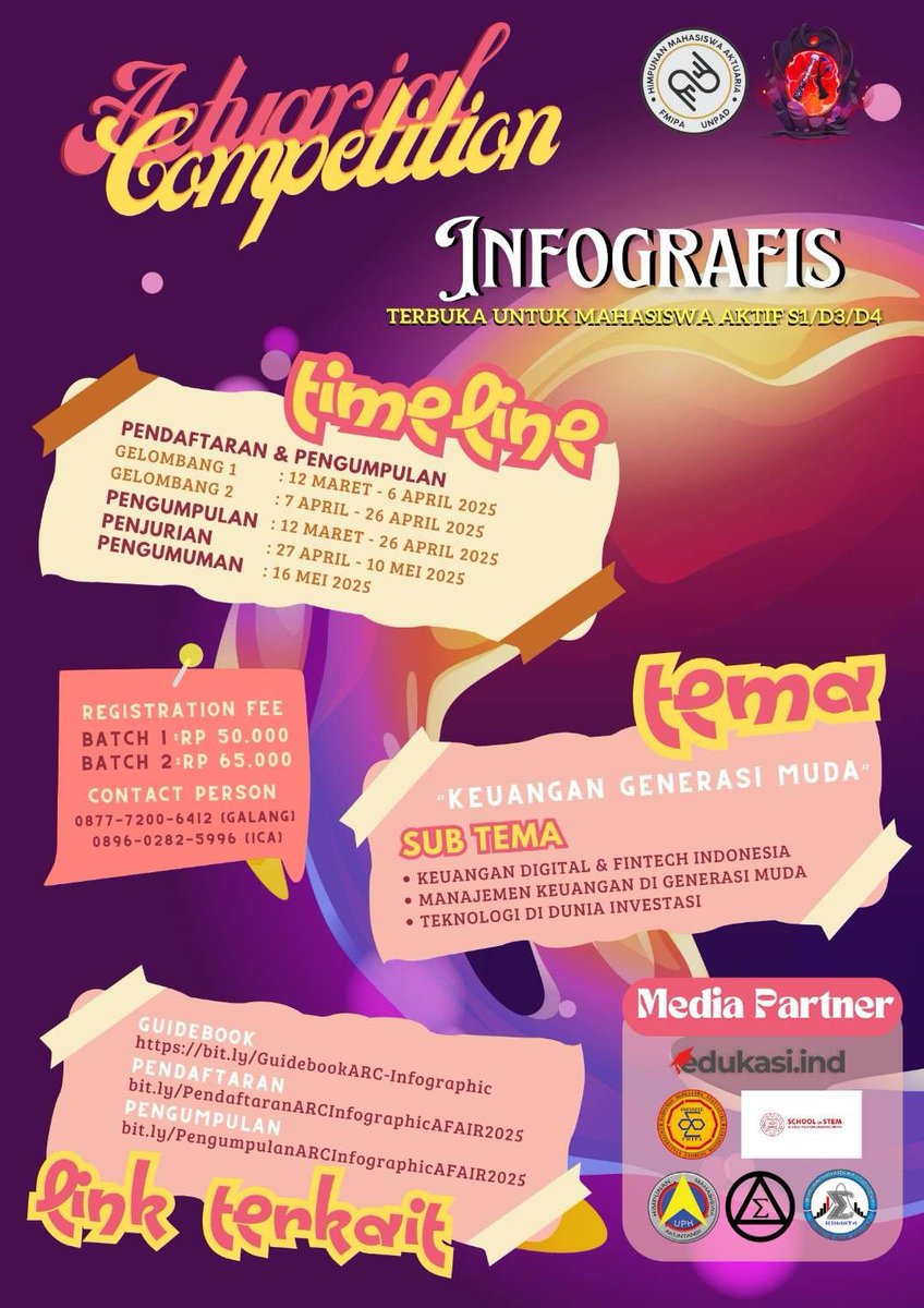 actuarial_fair's tweet photo. halooo sobat a-fair!! 6 hari lagi ARC INFOGRAPHIC akan tutup pendaftaran lohhh!! masa sihh kalian gamau ikutan lomba infografis yang pendaftarannya murah tapi hadiahnya jutaan rupiah????? 
jangan lupaa daftar yaaa dii https://t.co/5bpIhJLahu 😍😍😍 https://t.co/ZaohlVwddM