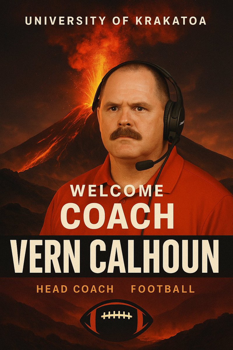 CoachVernCal's tweet photo. With the stepping down of Hank Callahan, I will be honorably accepting the job as Head Coach here at the esteemed University of Krakatoa Football Program. This is the honor of a lifetime and I promise to lead this legendary program back to prominence. #KRAKATTACK https://t.co/xNy0L8x4gv