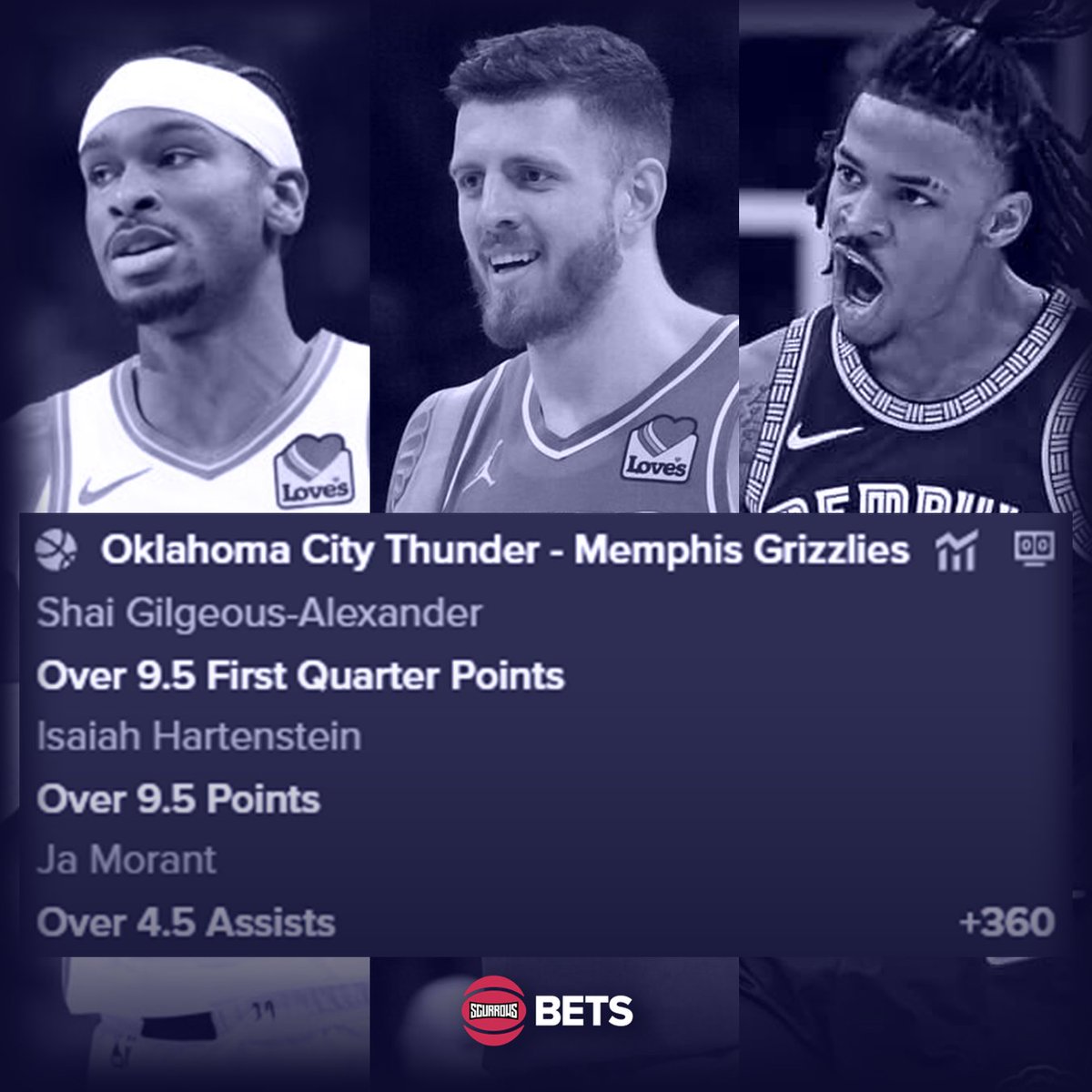 Apr 20th NBA Analyse:

OKC - Grizzlies Parlay (+360)
- Shai Gilgeous-Alexander: Over 9.5 First Quarter Points
- Isaiah Hartenstein: Over 9.5 Points
- Ja Morant: Over 4.5 Assists