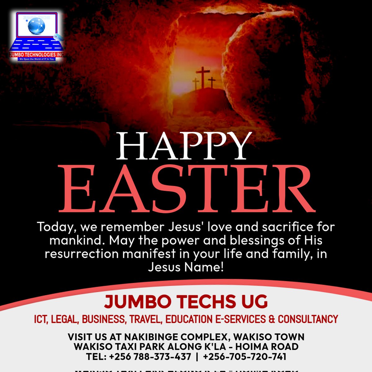 JumboTechsUg's tweet photo. He is not here; He has risen, just as He said. – Matt. 28:6
This Easter, we celebrate the victory of life, hope &amp; resurrection. Just as Christ rose, we're reminded that every challenge can be overcome, every dream reignited &amp; every purpose revived.
#HappyEaster #JumboTechsUG https://t.co/bAlFK0Ox69