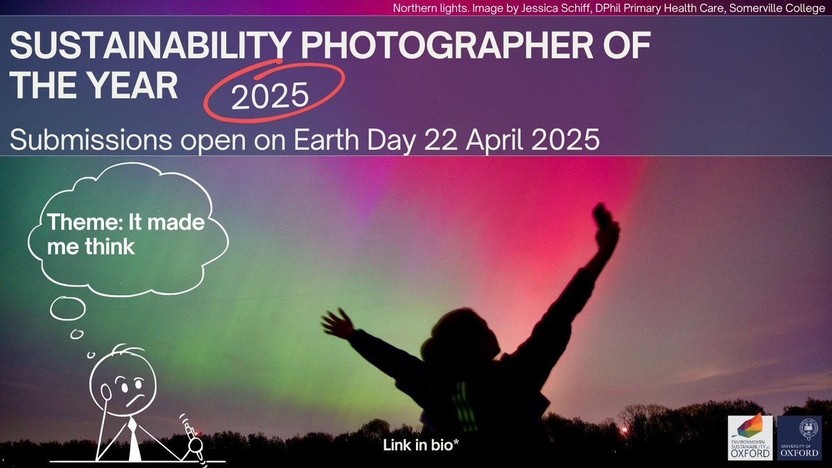The Sustainability Photographer of the Year competition is back for #EarthDay2025! 

Theme: "It made me think." 
Submissions open Apr 22 – May 22 

Learn more and register:sustainability.admin.ox.ac.uk/article/sustai… 

#EarthDay