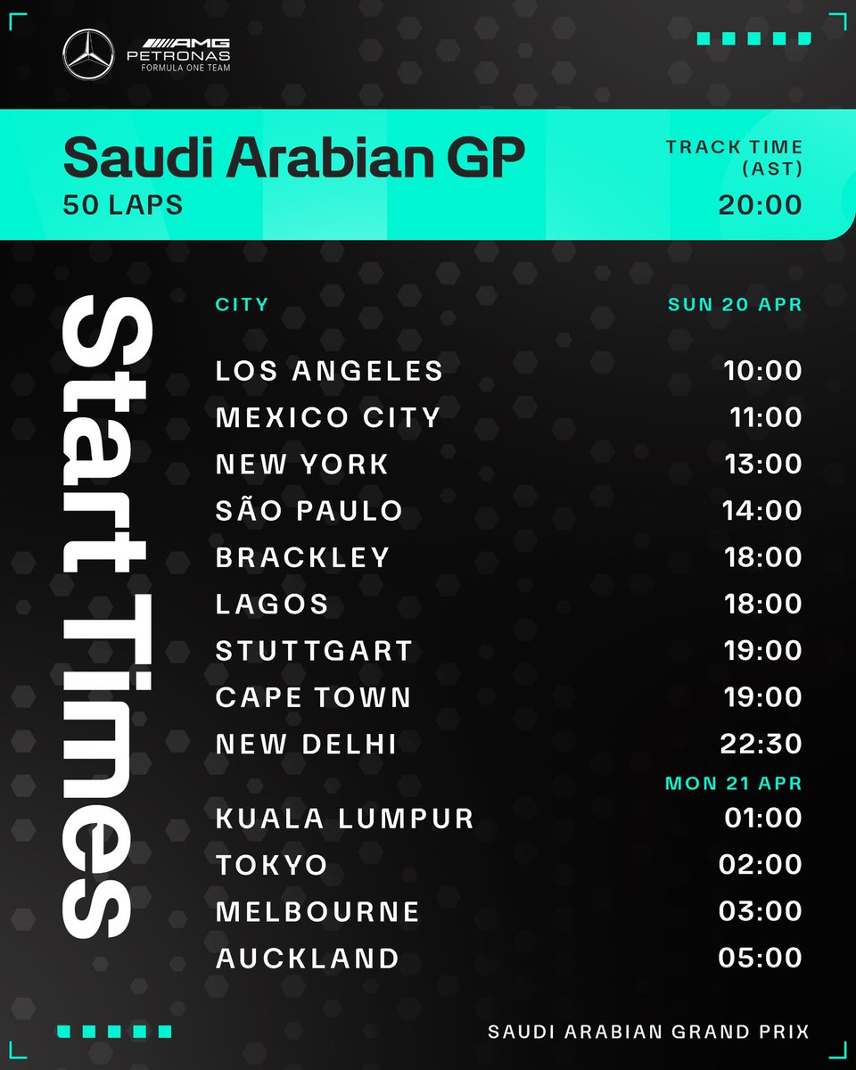 MercedesAMGF1's tweet photo. Set those alarms ⏰

Here are your Saudi Arabian GP
start times 👇 https://t.co/k1eoSLuDVk