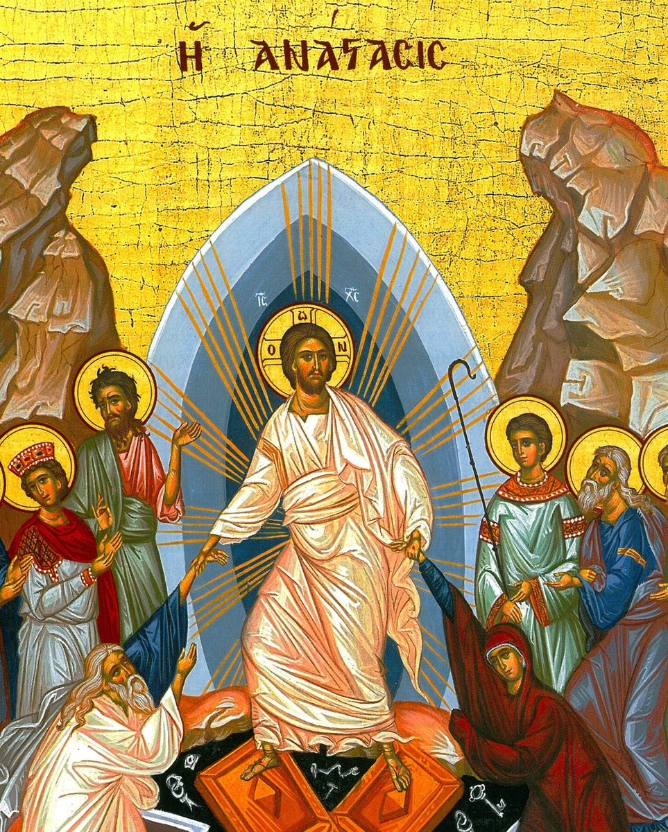 The local bee keeper at my allotment makes candles from his 🐝 wax so I bought some for pascha ⛪
Left the resurrection icon at the market stall for the community event they held this weekend. I said to the daughter of the chairlady, 'thats Adam &amp; Eve being brought out of Hades'