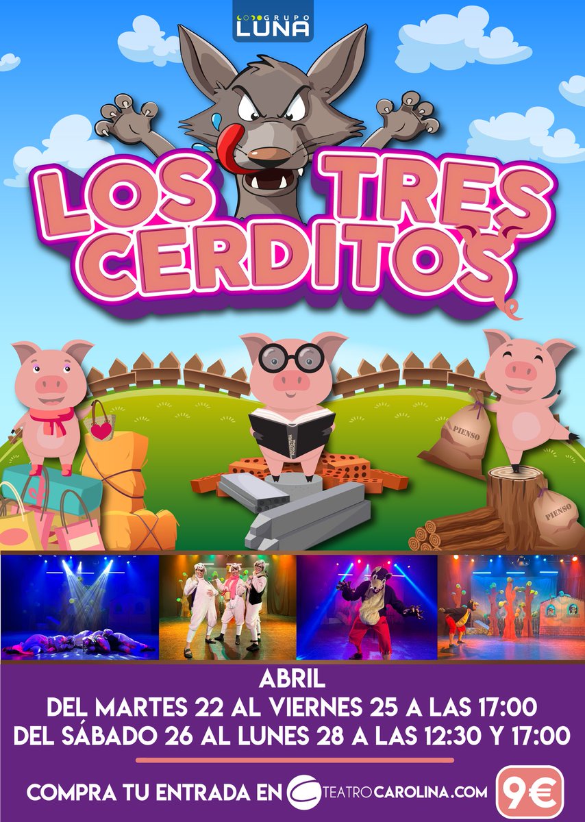 Estas vacaciones de pascua: LOS 3 CERDITOS, el musical en Valencia.

📆del Martes 22 al Lunes 28 de Abril a las 12:30 y 17:00 h

🏠Teatro Carolina

💶9€

🎫Entradas en la web del Teatro Carolina

#planesconniños #teatro #teatroinfantil #los3cerditos #actor #actriz #teatromusical