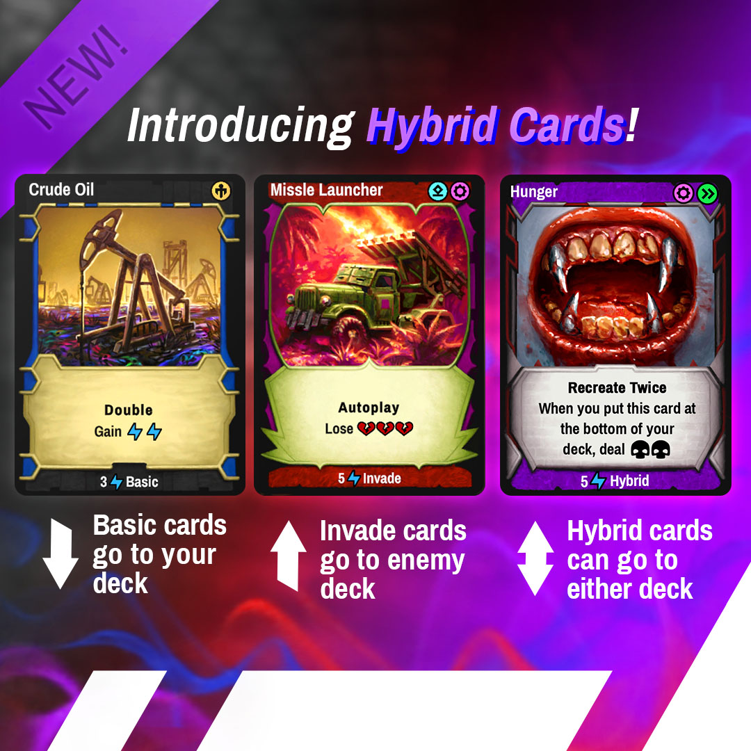 playsur5's tweet photo. Hybrid Card type explores new exciting builds, packing even more strategic options to #SUR5 ☢️ This change will affect both old and upcoming cards! 💙💜❤️
#StrategicOptions #ExcitingBuilds #CardGame #GamingCommunity #GameUpdate #CardStrategy #deckbuilding #tcg https://t.co/m09xsCD7ff