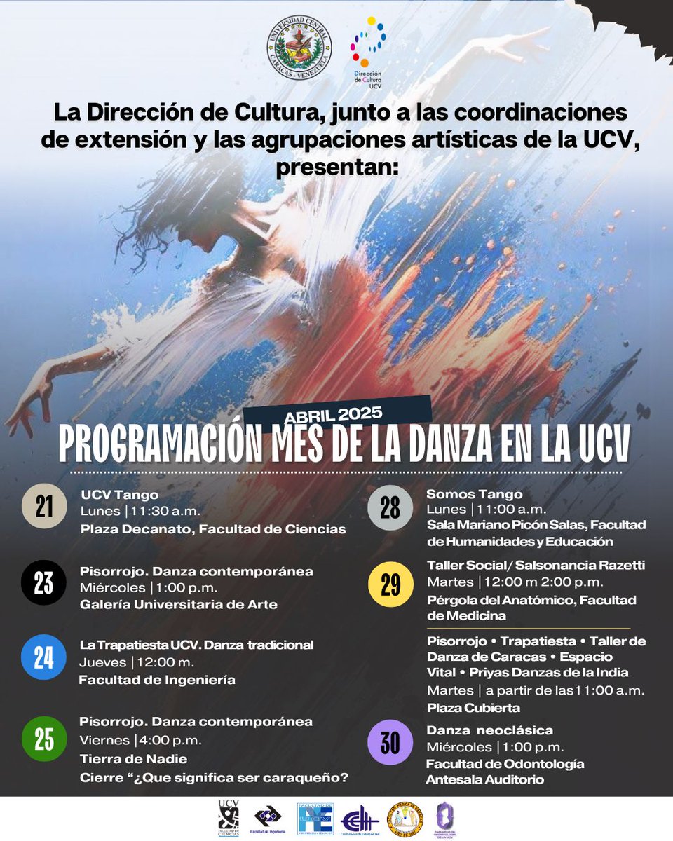La Dirección de Cultura de la Universidad Central de Venezuela, junto a las Coordinaciones de Extensión y las agrupaciones artísticas de la UCV presentan: 

"Programación del mes de la Danza en la UCV"

#noticienciasucv