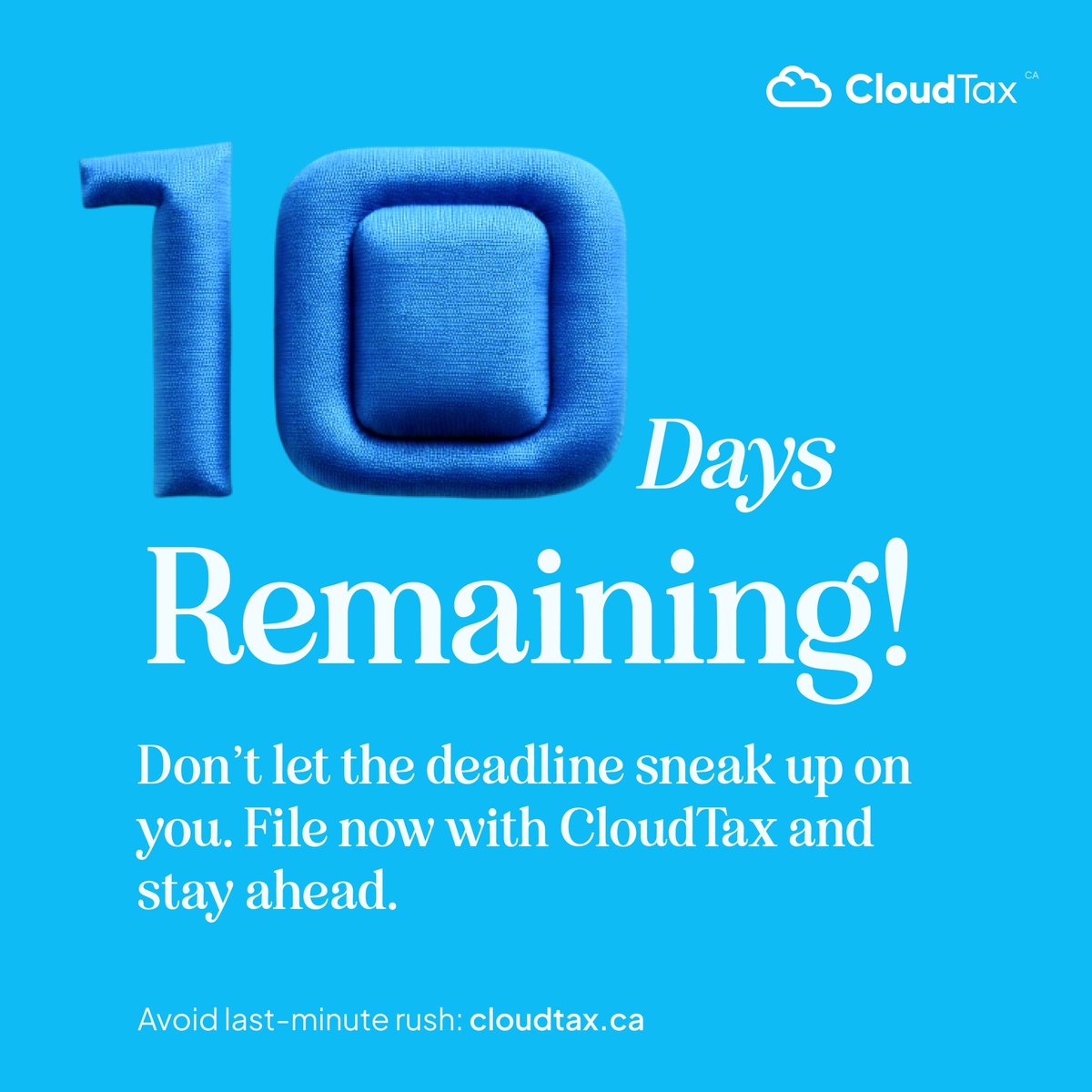 10 days. That’s all that’s left to file your taxes to avoid penalties and interest.

✔️ CRA-certified
✔️ Fast, secure, and fully online
✔️ Built by Canadians, for Canadians

Start now → cloudtax.ca

#TaxTime #CloudTax #DeadlineReminder #MadeInCanada #SmartFiling