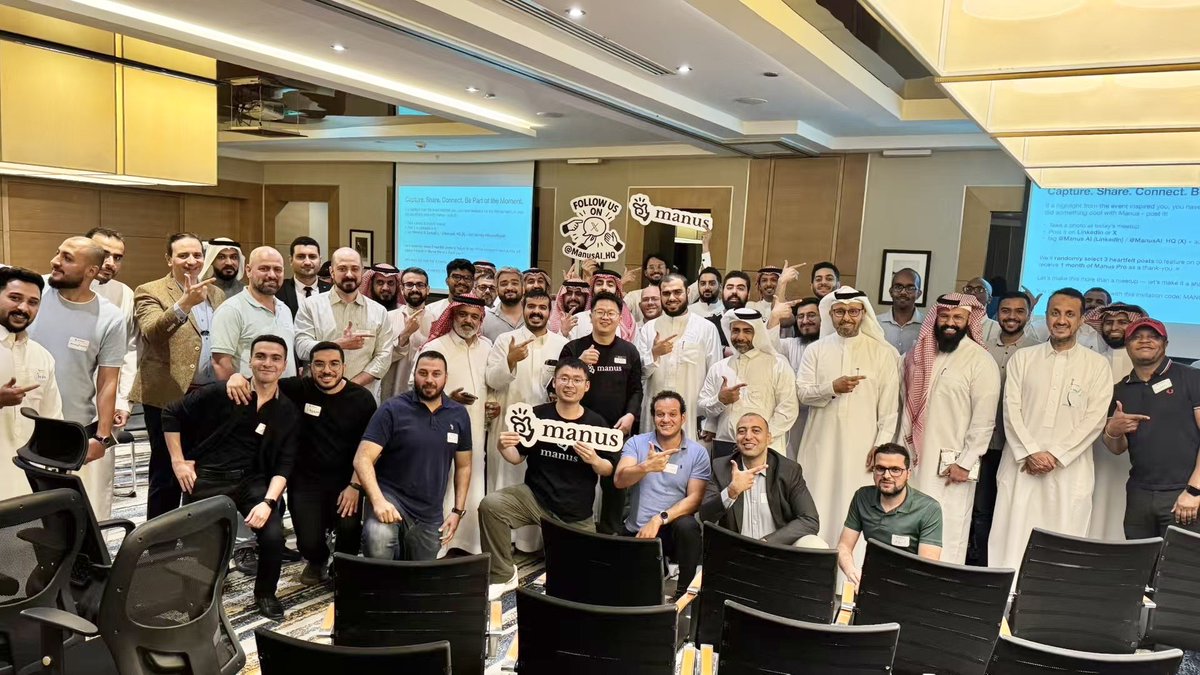 ManusAI's tweet photo. What do an accountant, a dentist, a restaurant owner, and a government official have in common?

They were all at the Manus meetup in Riyadh, showing off how they use Manus in totally different ways. https://t.co/PhYxkRlIuM