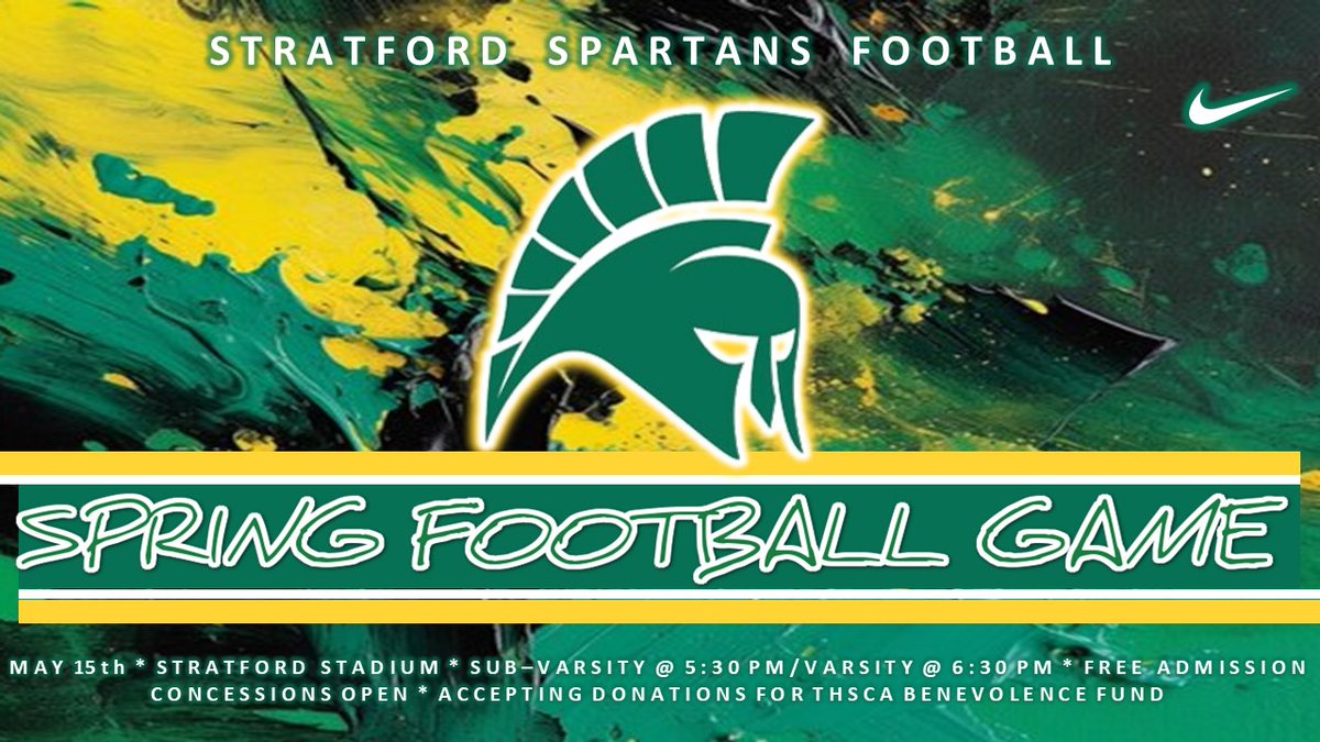 Stratford Spartan Football (@stratfordfb1) on Twitter photo Happy Easter Spartans! A reminder we will start spring ball on Tuesday! All incoming 9th graders are free to come out and watch practice. We will scrimmage after school each Friday at SHS! #SpartanPride #RecruitStratford #ETRTW <a href="/StratfordFB1/">Stratford Spartan Football</a> <a href="/SHS_BoosterClub/">Stratford Booster</a> <a href="/sbisdathletics/">Spring Branch ISD Athletics</a> Happy Easter Spartans! A reminder we will start spring ball on Tuesday! All incoming 9th graders are free to come out and watch practice. We will scrimmage after school each Friday at SHS! #SpartanPride #RecruitStratford #ETRTW <a href="/StratfordFB1/">Stratford Spartan Football</a> <a href="/SHS_BoosterClub/">Stratford Booster</a> <a href="/sbisdathletics/">Spring Branch ISD Athletics</a>