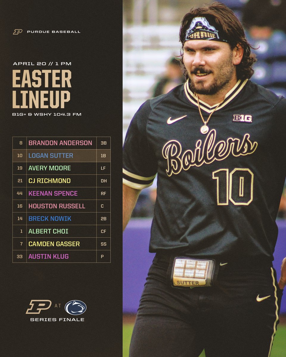 .<a href="/AustinKlug11/">Austin Klug</a> becomes the 10th #Boilermaker to start on the mound this season. #BoilerUp #EasterSunday ☀️

📊 Live Stats: boile.rs/BSB42025
📻 WSHY 104.3 FM: boile.rs/Listen
📺 Stream B1G+: boile.rs/B1Gp42025
