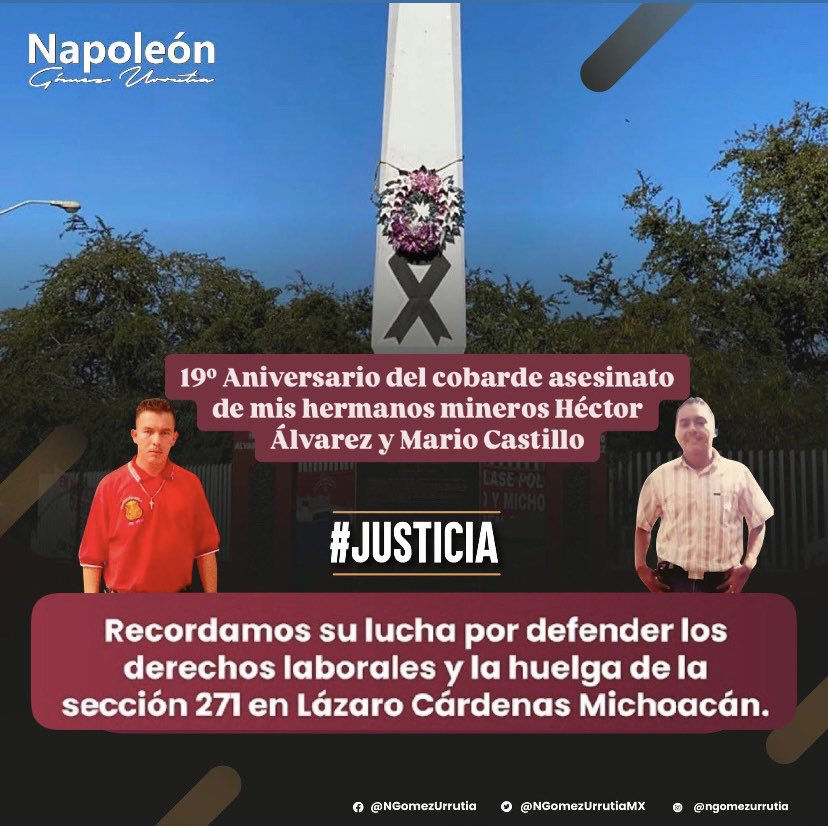 A 19 años del terrible asesinato de los compañeros mineros Mario Alberto Castillo y Héctor Álvarez Gómez, seguimos exigiendo justicia.

¡No olvidamos, luchemos por la libertad sindical!