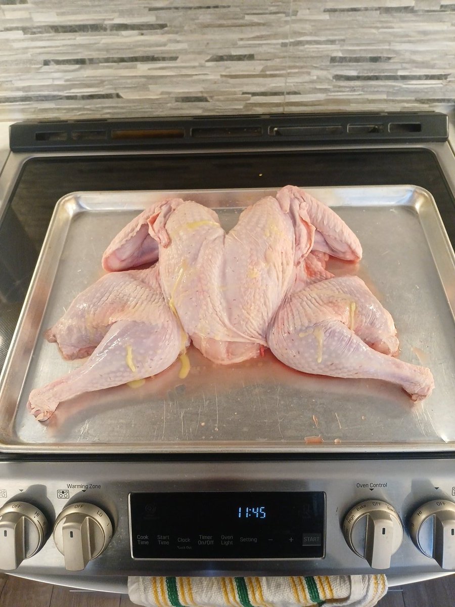 Well I have never spatchcocked a turkey or smoked one before so I decided to kill 2 birds with 1 stone and do both at the same time. Fully injected with garlic butter and will season the outside later &amp; soon it will hit the smoker for a couple of hours! 
🤞 🤤 🦃 🐇