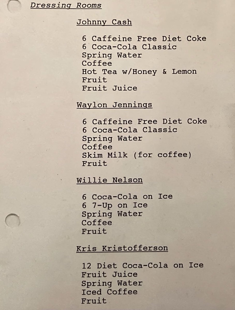 Green room requests from the Highwaymen in the 80’s