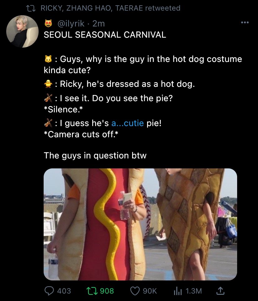 tickletaerae's tweet photo. #gyubrik eng socmed au — rikneultael have a vlog channel, and go to a carnival. they just so happen to meet a certain individual dressed as a hot dog. https://t.co/khKinZHewY