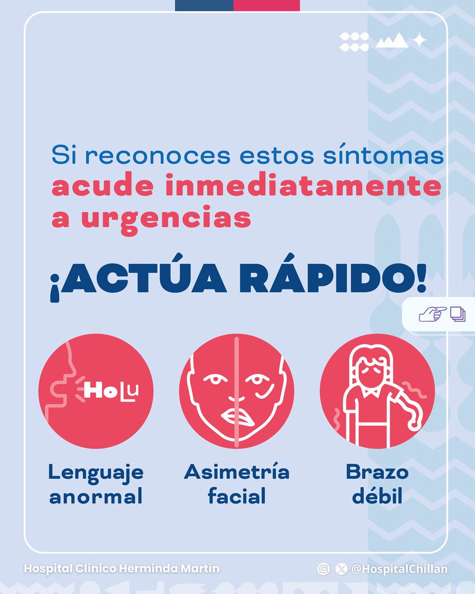 El Ataque Cerebrovascular es una emergencia médica, por eso es fundamental aprender a reconocer sus síntomas para acudir rápidamente a una unidad de emergencia. 

📍Recuerda qué tiempo es cerebro 🧠❗