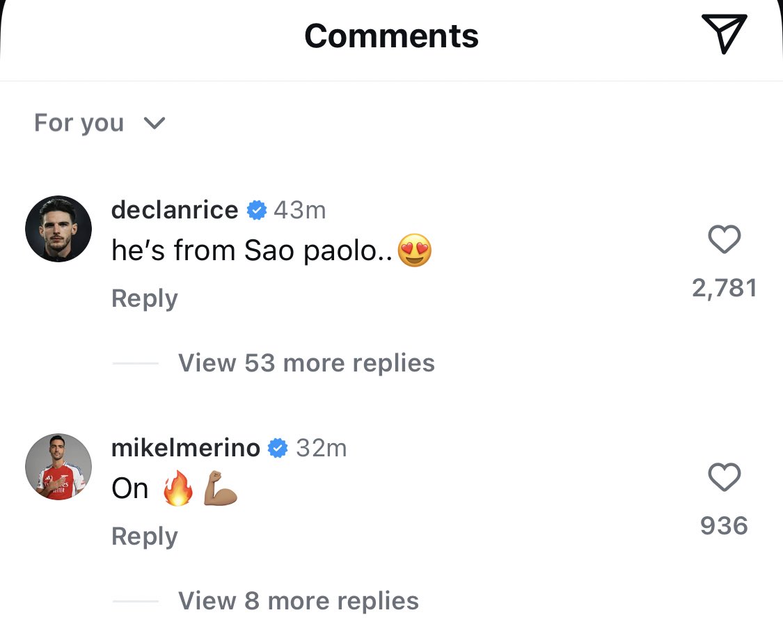 afcstuff's tweet photo. 📲 Gabriel Martinelli: “50 goals for the Arsenal. Proud ❤️”

Declan Rice comments on his post: “He’s from São Paulo… 😍” https://t.co/lCabT4yhGI