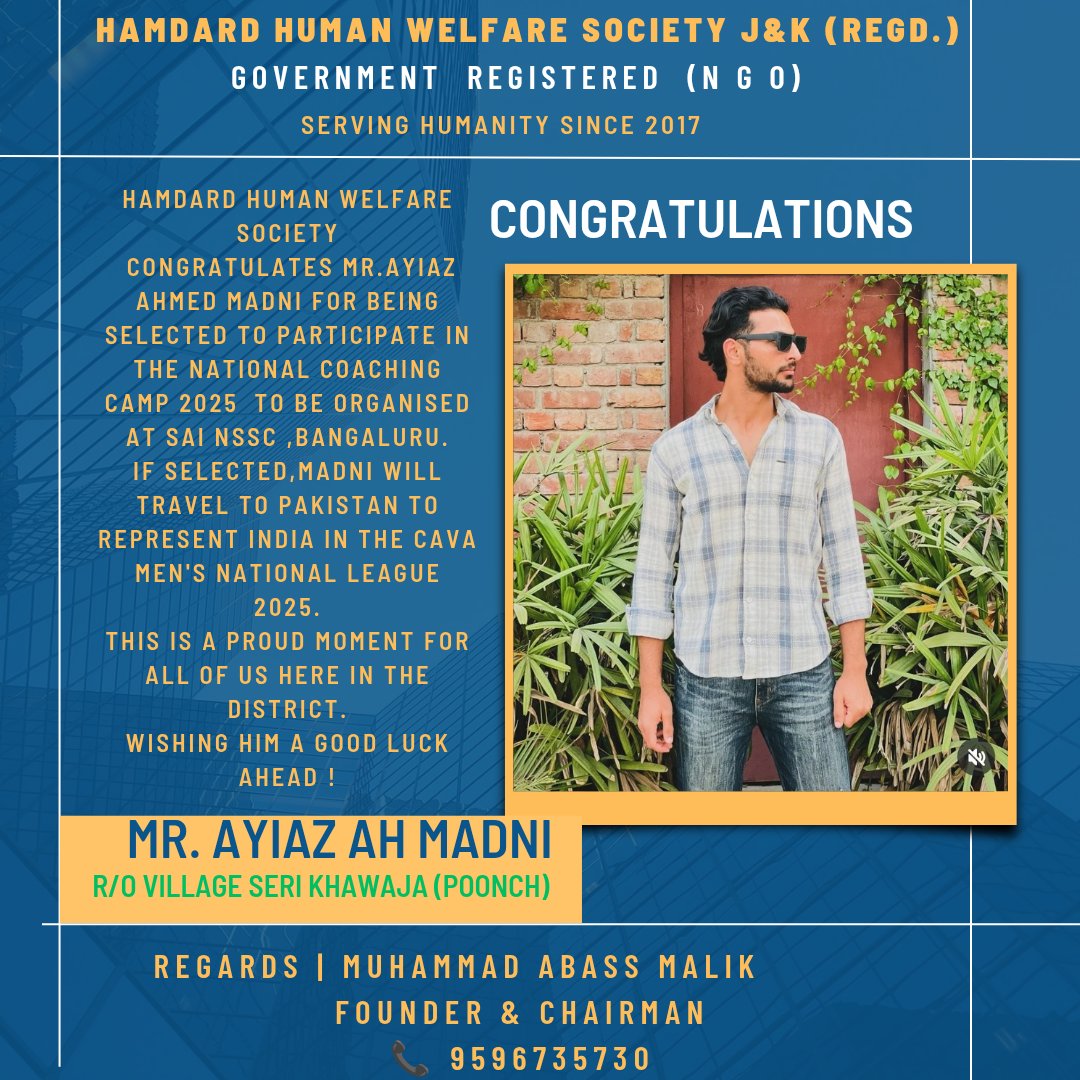EmdaadNGO's tweet photo. @HamdardNGOjk congratulates Mr.Ayaz Ahmed Madni for being selected to participate in The National Coaching Camp 2025 to be organised at SAI NSSC,Bangaluru.If selected,Madni will travel to Pakistan to represent India in the CAVA Men's National League 2025.
@dcpoonch @AbassMalikjk https://t.co/tM5zirMbJa