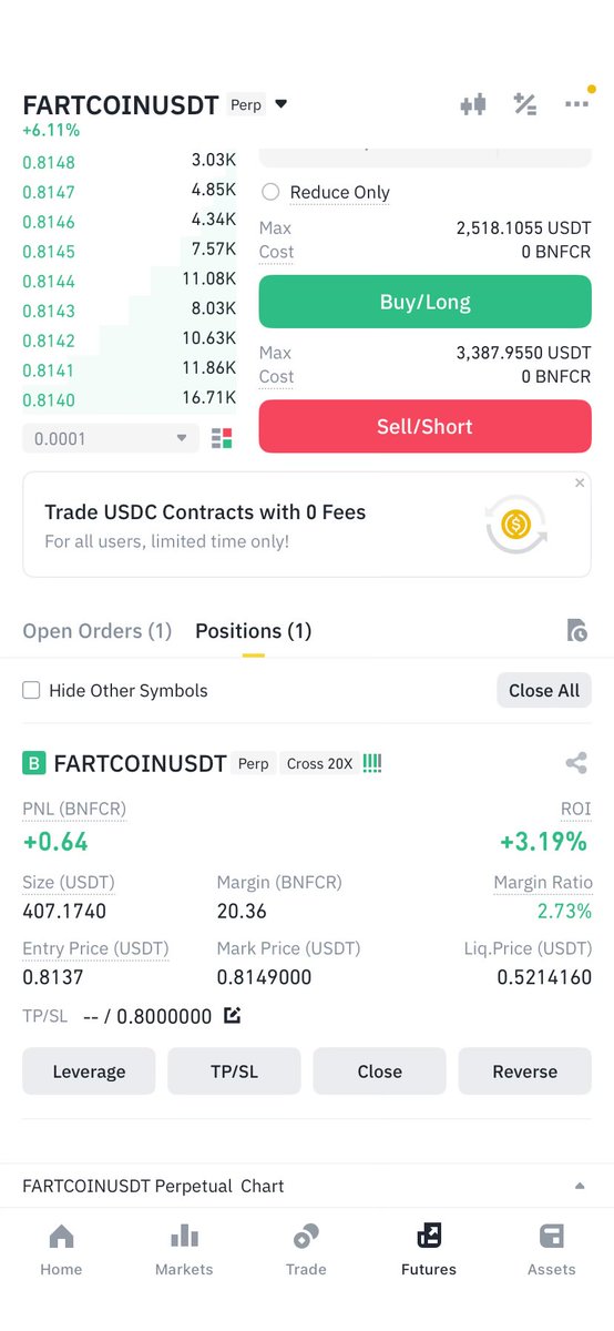 My Fartcoin revenge , small long I seen this as high as in the .90s , I believe it goes over 1 billion for now I’ll take .85.