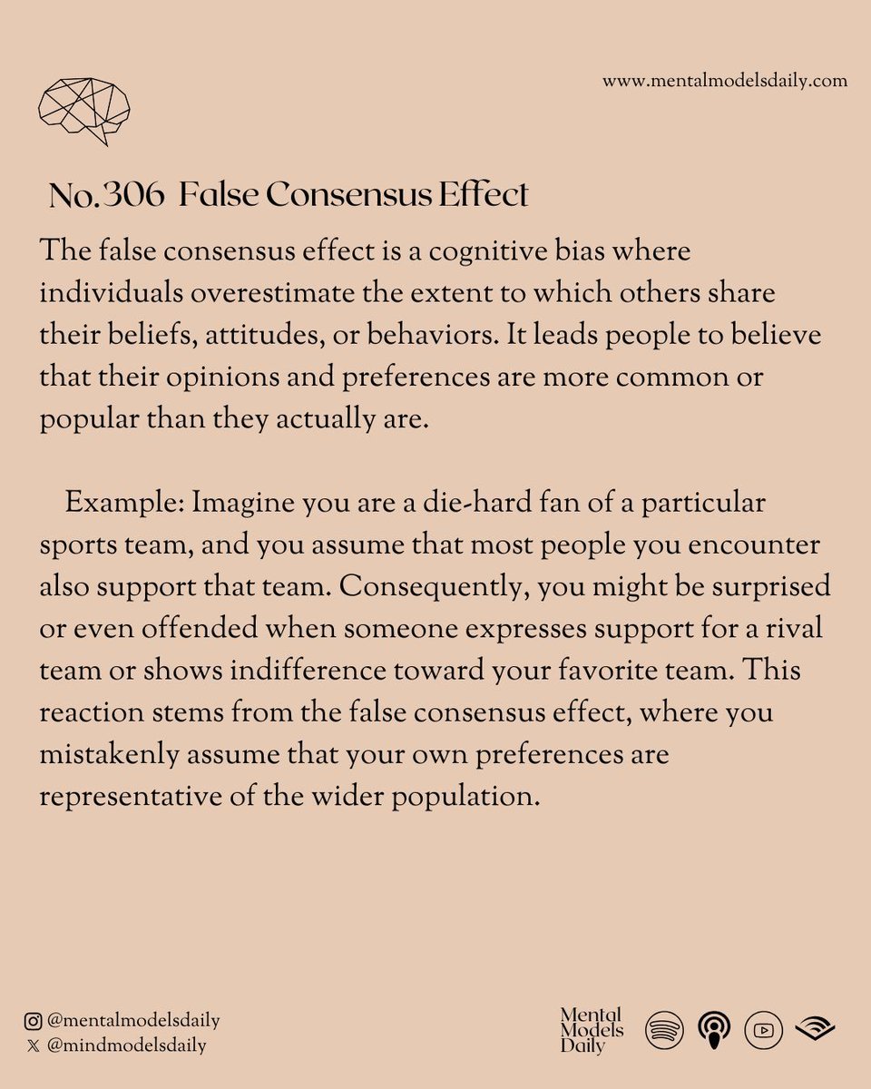 mindmodelsdaily's tweet photo. Everyone thinks like me, right? 🧠👥 Overestimating how much others share our beliefs and actions. https://t.co/7kmukFv7sZ