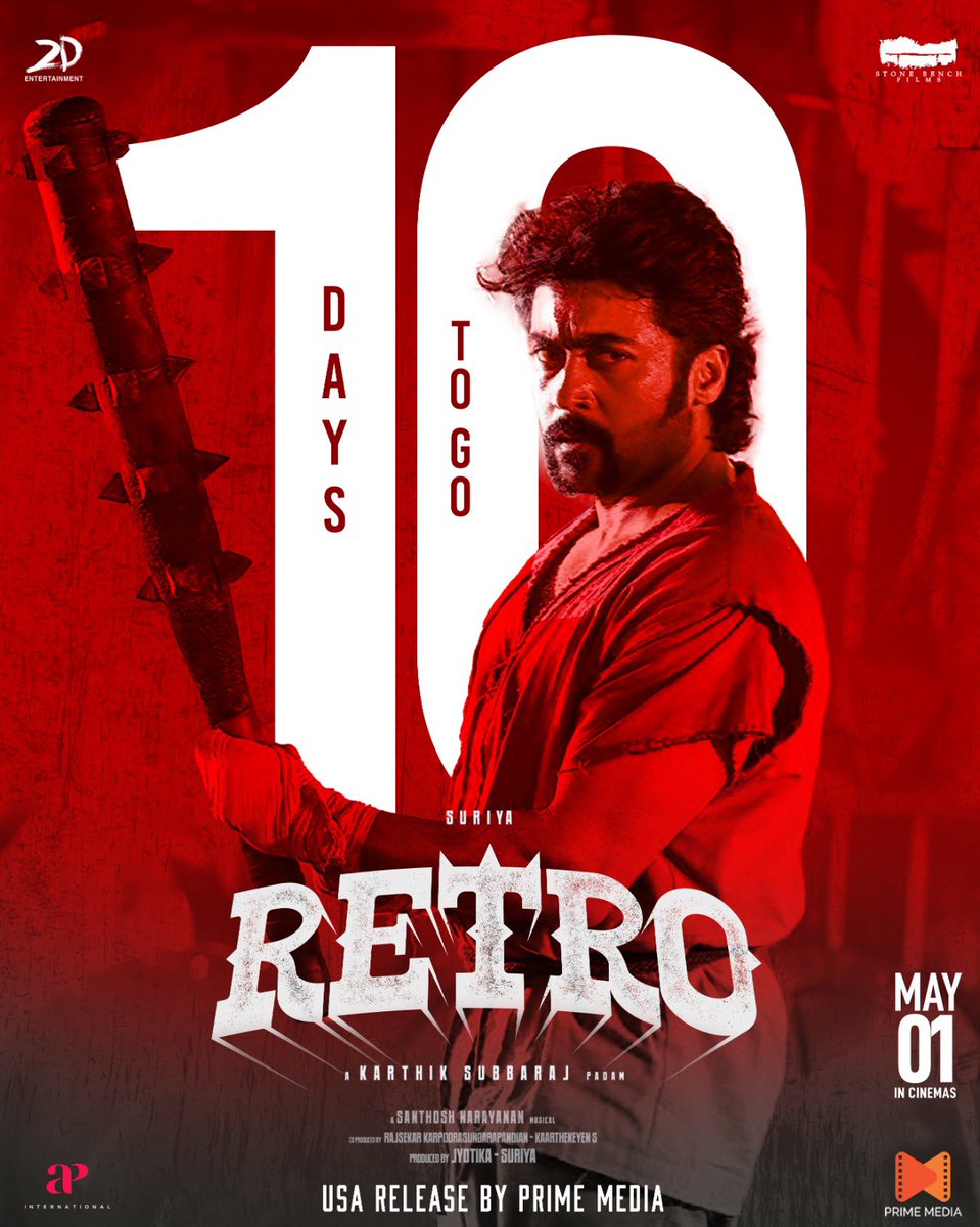 PrimeMediaUS's tweet image. 10 days to #Retro premier in USA 

West coast premier shows are open &amp;amp; regular bookings are also open in few locs.

Full booking from Tuesday 

#SuryaSivakumar #PoojaHegde #KarthikSubbaraj