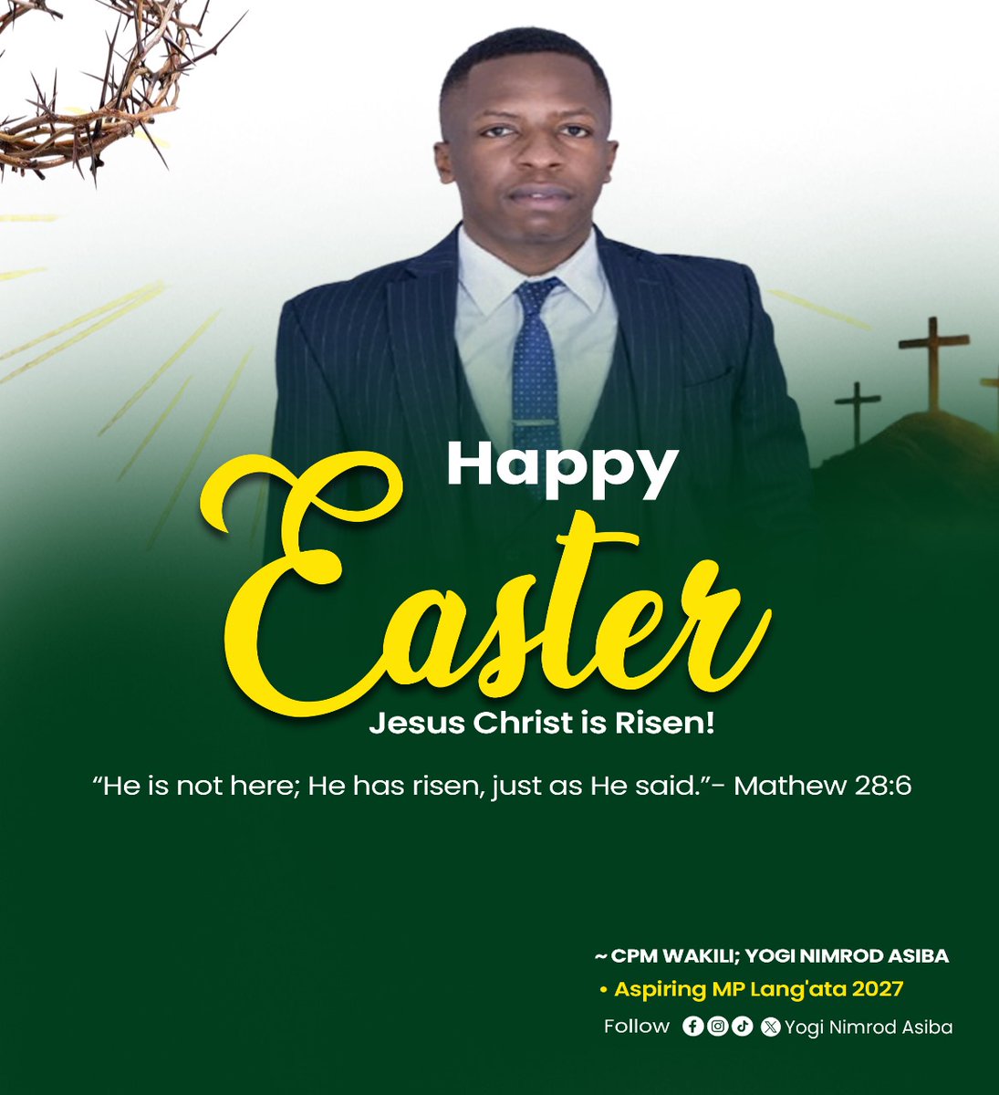 YogiNimrod's tweet photo. 1/2
Wishing a Happy Easter to the People of Lang'ata &amp; Kenya as a whole.

As we celebrate the resurrection of Christ, may this season fill our hearts with renewed hope, love, and unity. Easter reminds us that out of sacrifice comes victory, and out of darkness, light.. https://t.co/6A3AVcfERA