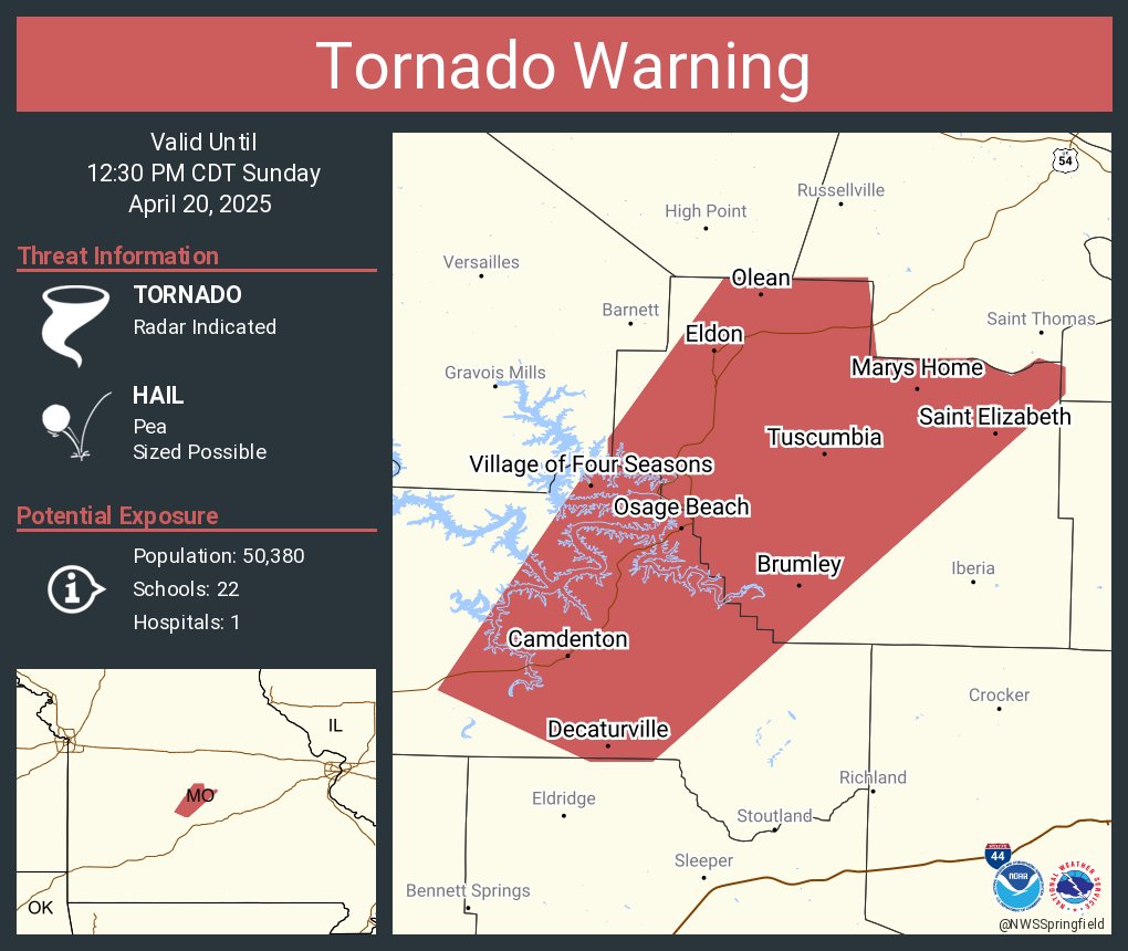Tornado Warning including Eldon MO, Osage Beach MO and  Camdenton MO until 12:30 PM CDT