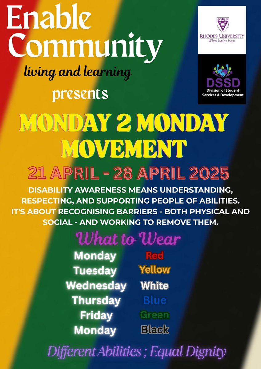 Rhodes_Uni's tweet photo. #Monday2Monday | Not sure what to wear this week? Dress for a cause!
The Division of Student Services and Development (DSSD) and Enable Community Living and Learning invites all Rhodes University students and staff to participate in the Monday-2-Monday Movement advocacy campaign, aimed at helping raise disability awareness and promote greater accessibility and inclusivity for people with disabilities at Rhodes University.
Use the hashtag to share your fit with us!