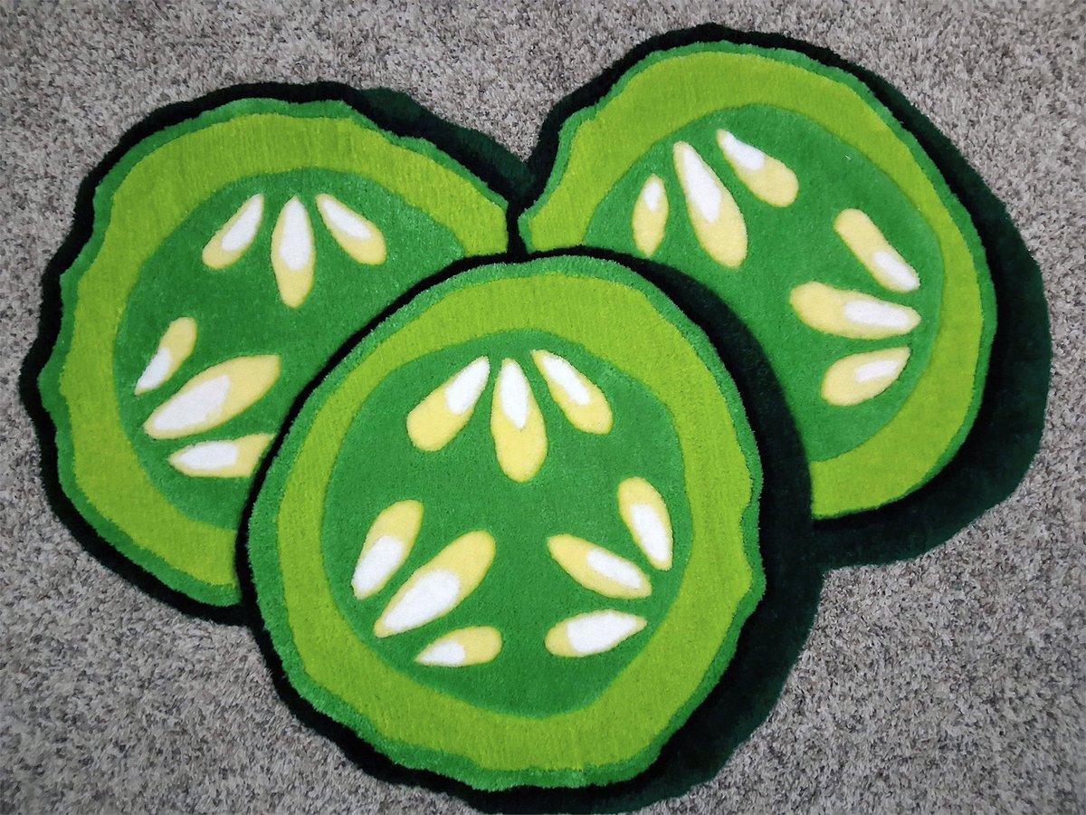 FloorcandyStore's tweet photo. Do you love pickles? 🥒🥒 How about a pickle slice rug? Available now in our store! This is 1 big rug, not 3! https://t.co/Mhax0qkykm