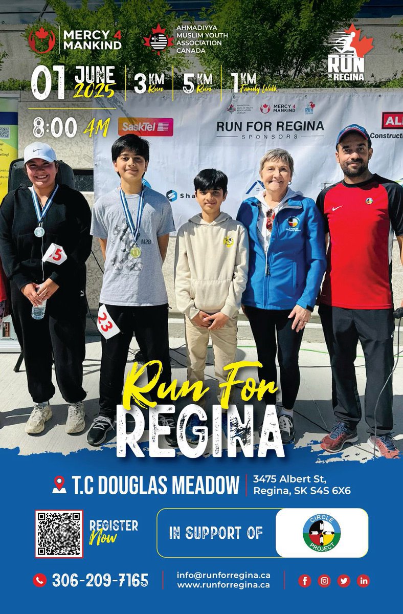 𝟰𝘁𝗵 𝗔𝗡𝗡𝗨𝗔𝗟 𝗥𝗨𝗡 𝗙𝗢𝗥 𝗥𝗘𝗚𝗜𝗡𝗔

Organized by Regina's Muslim Youth

⭐️ Supporting 𝐓𝐇𝐄 𝐂𝐈𝐑𝐂𝐋𝐄 𝐏𝐑𝐎𝐉𝐄𝐂𝐓

🗓️ JUNE 1, 2025
🕗 8AM
📍 T.C Douglas Meadow (3475 Albert St), Regina, SK

Register: raceroster.com/events/2025/10…

#RunForRegina #Regina #Mercy4Mankind