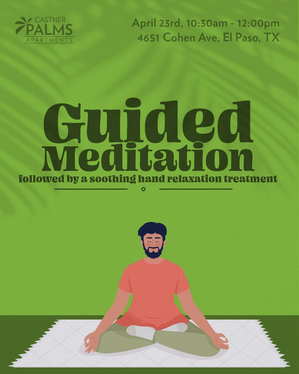 TropProperties's tweet photo. Take a breather 🌿 Guided meditation + hand relaxation at Castner Palms on April 23 at 10:30 AM.
#WellnessWednesday #ElPasoEvents

📅 April 23, 10:30am - 12:00pm
📍 Castner Palms – 4651 Cohen Ave
📞 915-751-3200

#SelfCare #MeditationEvent #TropicanaProperties https://t.co/4oBzefuiG9