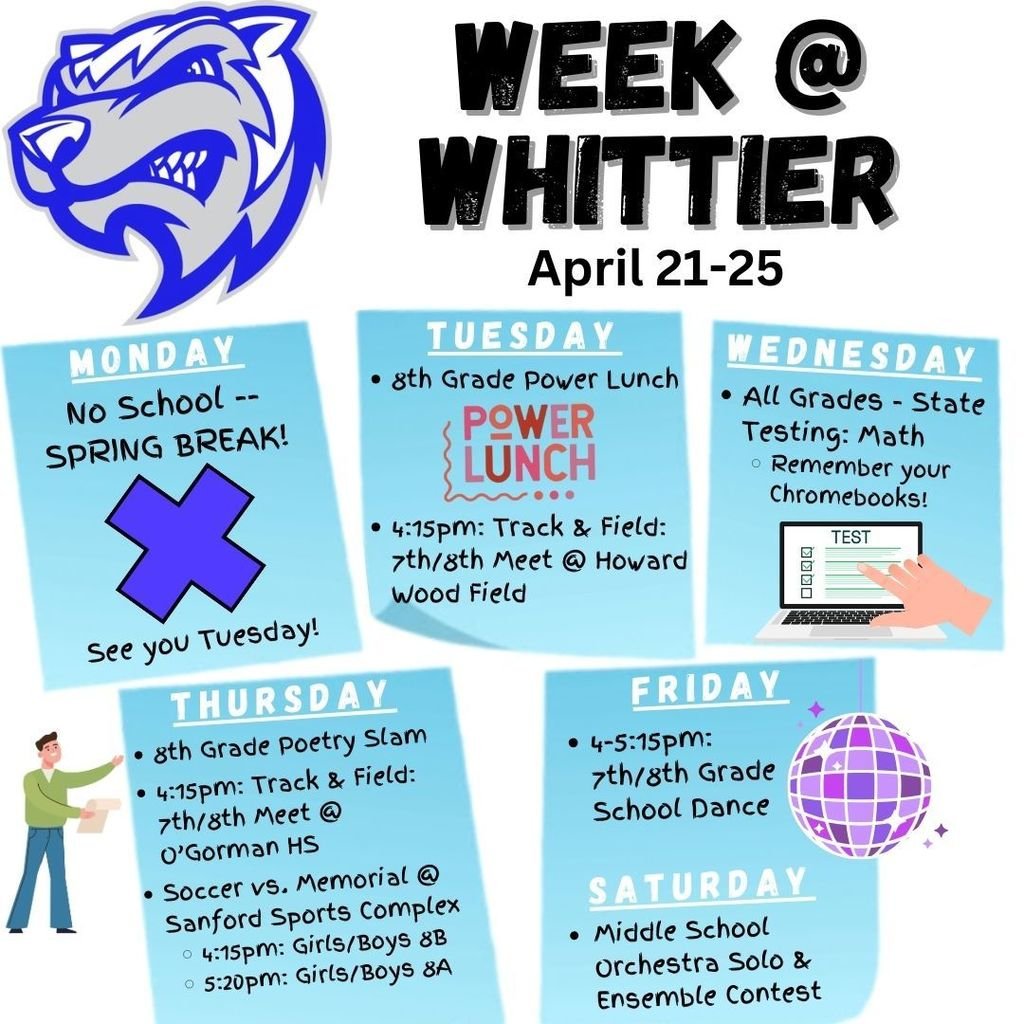 sfwhittierms's tweet photo. Ready to be back at Whittier? We're excited to see you Tuesday! 🤩 We continue with State Testing Wednesday and then the 8th Grade Poetry Slam is coming up on Thursday. 📜 To end the week, the 7th &amp; 8th School Dance is coming up on Friday after school! 💃🏻🕺🏽 #WeekAtWhittier https://t.co/rQHpn6u45L