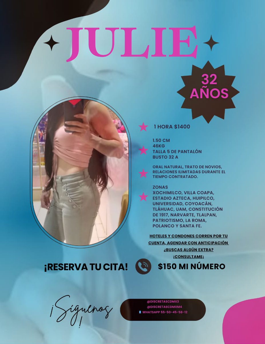 Julie de <a href="/Discretascdmxm4/">Discretascdmxmty4</a> 
(Me comento que no quiere que suban fotos suyas entonces solo les paso lo de la ficha)