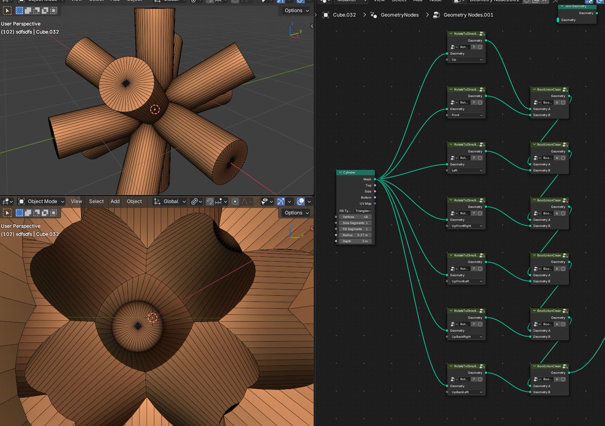 Riddle me this. I tried to do this yesterday with modifiers and got a lot of errors, had to move meshes and do manual fixes. Geo nodes version produce perfect manifold mesh. Same solver, Merge by distance after each Union in both cases.
#blender #geometrynodes