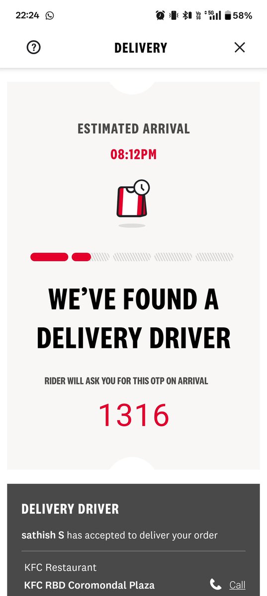 DebanshuBehera's tweet photo. @KFC_India Placed an order through the KFC app at 19:27 pm, showed delivery time at 20:12 pm. . The order hasn't been picked up till this time. Mostly there is no cancellation option. The customer care system is trash they won't pick calls or communicate with you. Already paid :) https://t.co/9Cjh7Mx2vh