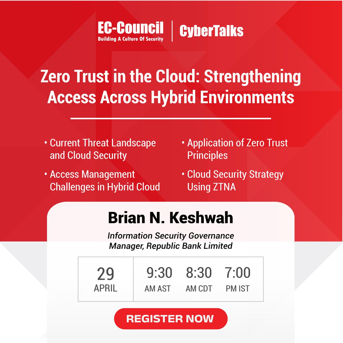 ECCOUNCIL's tweet image. Join Brian N. Keshwah on April 29, 2025, to learn how to adopt #ZeroTrustNetworkAccess for #HybridCloud environments. He&apos;ll share tips on identity-centric access management and #ZeroTrust principles to secure hybrid cloud environments. Register now: buff.ly/ETvqm95…