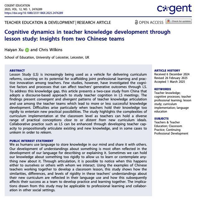 rodjnaquin's tweet image. Teachers studied by Xu &amp;amp; Wilkins showed two ways of talking about their teaching: those who could explain their thinking flexibly made better changes, while those stuck with rigid &quot;must-do&quot; rules struggled to adopt new teaching methods. tandfonline.com/doi/full/10.10…