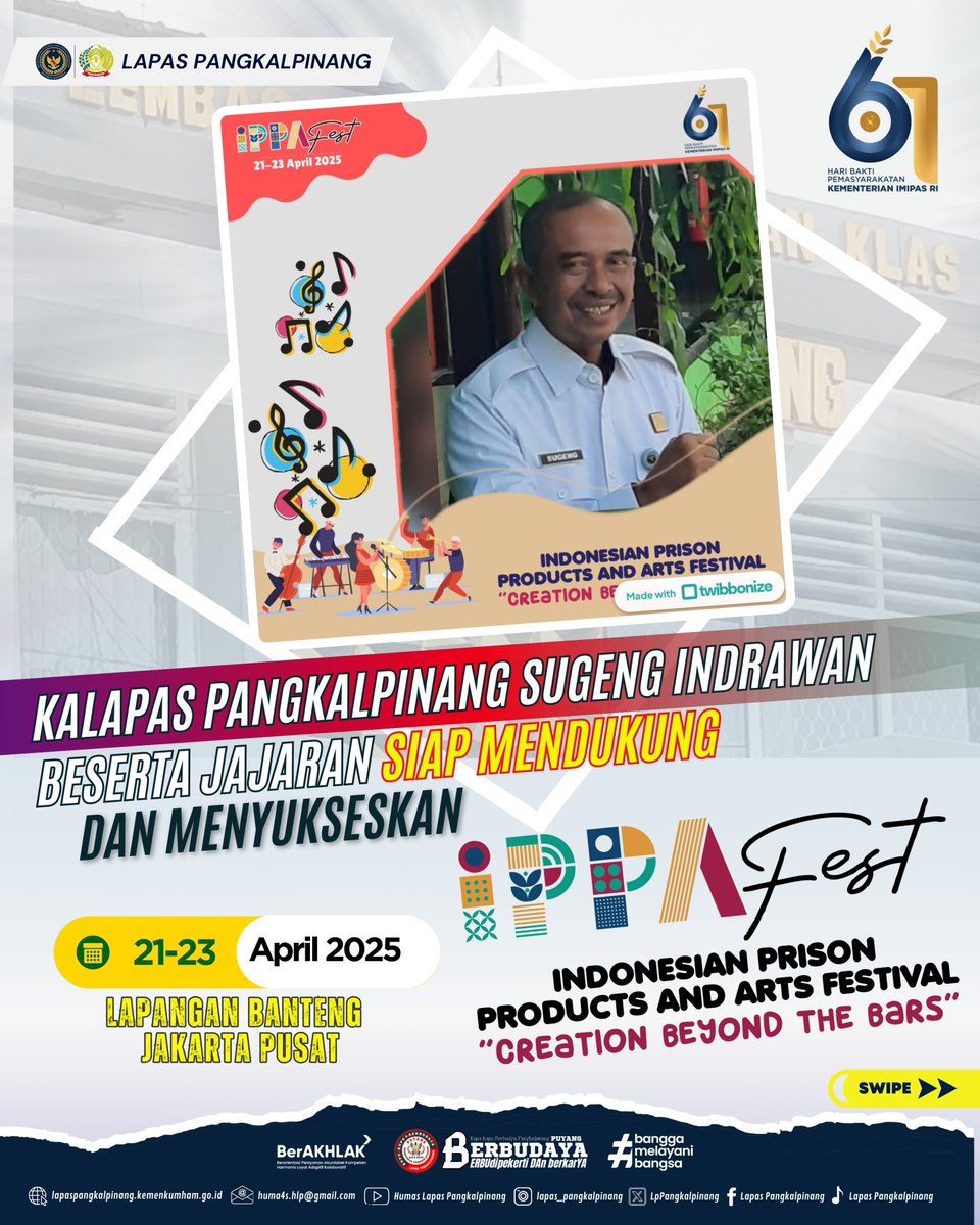LpPangkalpinang's tweet photo. Lapas Kelas IIA Pangkalpinang Siap menyemarakkan dan mensukeskan IPPA FEST 2025
"Indonesian Prison Products and Arts Festival"
Lapangan Banteng, Jakarta Pusat.
21-23 April 2025
#kemenimipas
#ditjenpas
#ippafest2025
#kanwilditjenpasbabel
#lapaspangkalpinang https://t.co/7Rg5dSgoNr