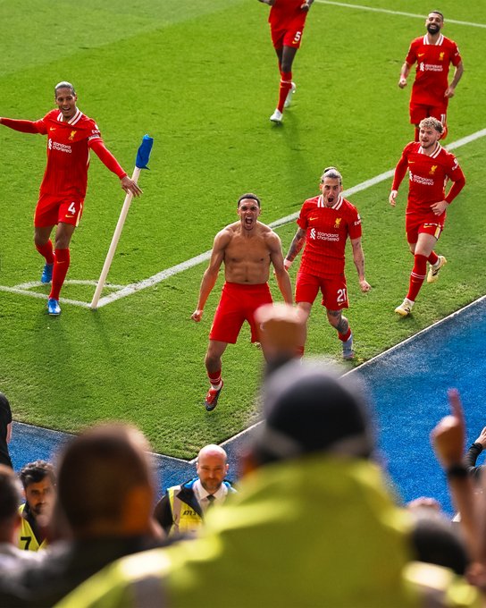 Trent Alexander-Arnold celebrating after scoring against Leicester City in the Premier League