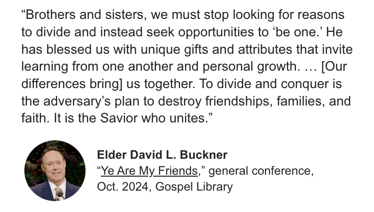 ldslifehacker's tweet image. “Brothers and sisters, we must stop looking for reasons to divide and instead seek opportunities to ‘be one.’ He has blessed us w/ unique gifts and attributes that invite learning from one another &amp;amp; personal growth. … [Our differences bring] us together. #GeneralConference