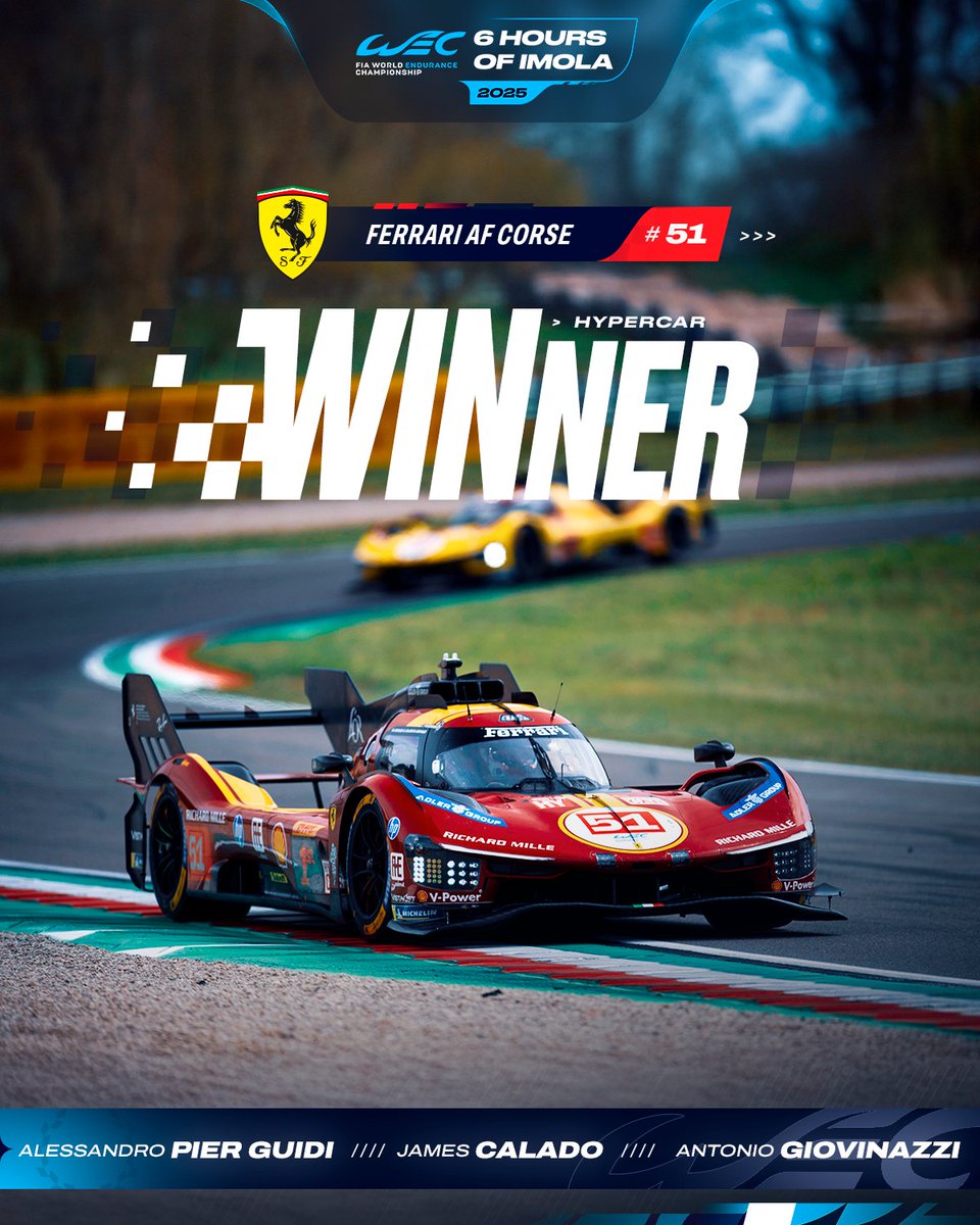 FIAWEC's tweet photo. FERRARI WIN AT HOME!! 🏆🇮🇹

#WEC #6HImola @FerrariHypercar @AFCorse https://t.co/MrrbzUBKJ7