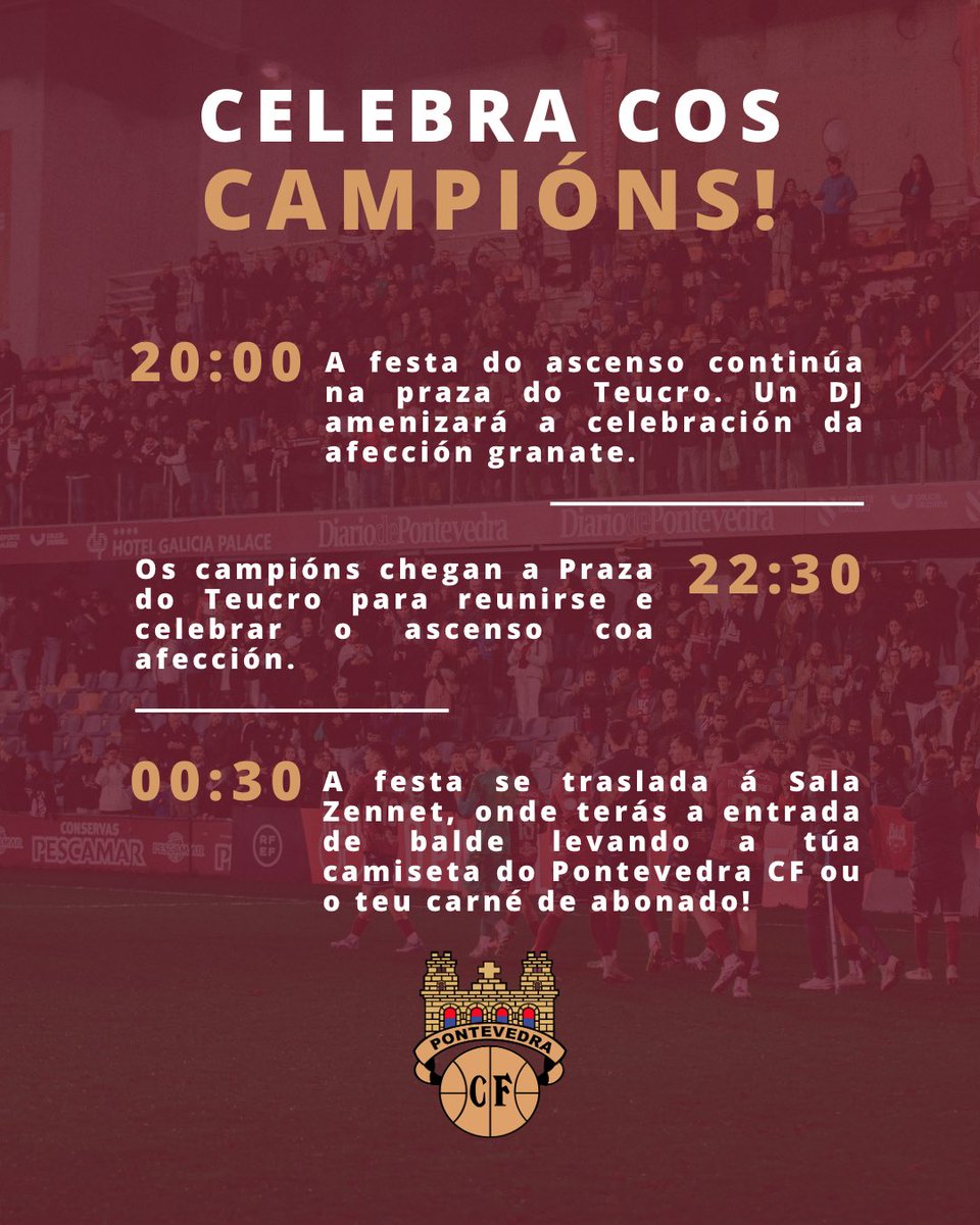 Celebra o ascenso cos CAMPIÓNS ♥️😍

👉 Xuntémonos na Praza do Teucro e recibamos aos Campións 🔥

👉 Despois, a festa seguirá en Sala Zennet 💃🕺

#NonPararAtaVoltar ♥️