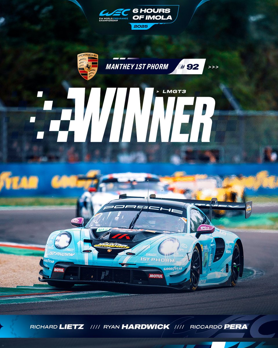 FIAWEC's tweet photo. MANTHEY 1ST PHORM WIN IN IMOLA!! 🏆💪

#WEC #6HImola @manthey_racing @PorscheRaces https://t.co/eVxmA7joBw