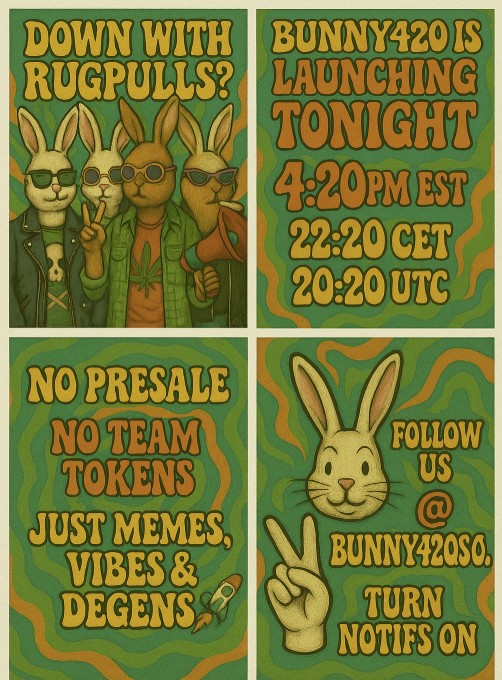 Bunny420Solana's tweet photo. 🐰 BUNNY420 GIVEAWAY 💨

We’re launching  @ 4:20PM EST

Win 100,000 Bunny420 tokens by doing this

✅Follow @Bunny420Solana 
🔁RT 
💬Comment: Why  YOU hate rugpulls?
Winners picked  after launch. No rug. No BS. Just Bunny.
#Bunny420 #420Drop #Solana #PumpFun #NoRug #FairLaunch https://t.co/R9cTRiE0cA