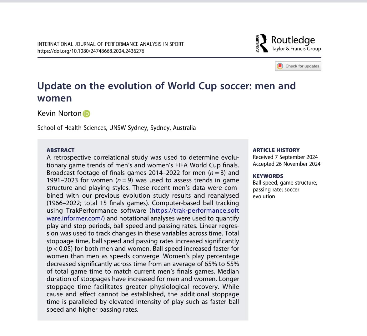 offfieldtheory's tweet photo. Great new study on the evolution of World Cup finals in both men’s and women’s soccer. It shows how the game has become faster, more structured, and more intense over time. Ball speed and passing rates have increased significantly, and women’s matches are evolving rapidly — with play patterns, speed, and tactics now closely mirroring the men’s game. Stoppage time has also grown longer in both, allowing for more recovery and higher intensity when play resumes. One of the most fascinating insights is how quickly the women’s game is catching up in metrics like ball speed and total passing — a powerful reflection of the sport’s development.
Full article here: https://t.co/cXYJWuk5pU
#Sports #Research #worldcup #soccer