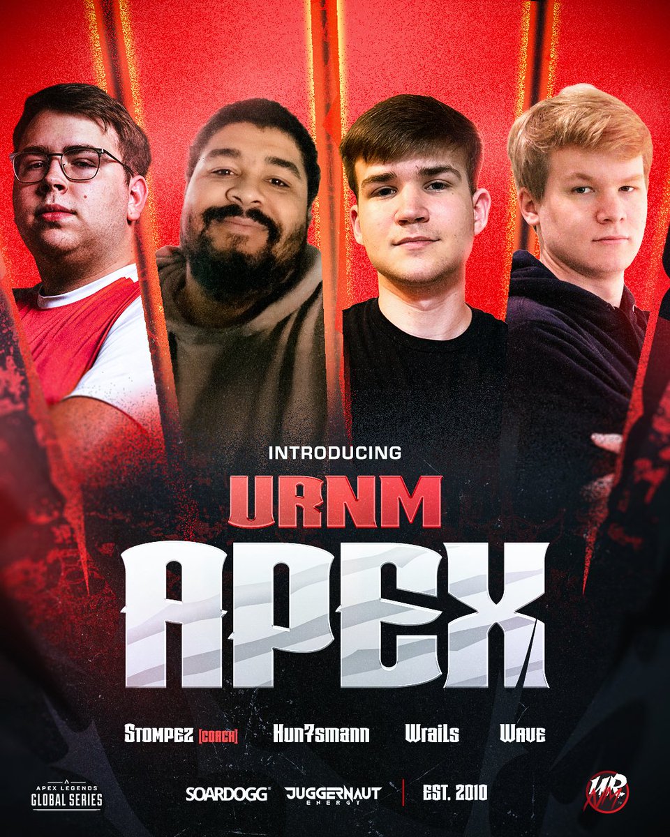 Unreal Nightmare (@urnmgaming) on Twitter photo We are excited to announce our North American Apex Legends team, which will represent us at the #ALGS and in other upcoming events.
πΊπΈ <a href="/wrailss/">Ω</a>
πΊπΈ <a href="/daviswave/">UrNm wave</a>
πΊπΈ <a href="/Hun7smann/">UrNm Hun7smann</a>
π§ <a href="/Stompezz/">Stompez</a>
π Sponsors:
<a href="/SoarDogg/">SoarDogg Apparel</a> <a href="/Juggernaut/">Juggernaut Energy</a>
π Highlight Video Below β¬οΈ
#UrNm | #NeverSleepAgain We are excited to announce our North American Apex Legends team, which will represent us at the #ALGS and in other upcoming events.
πΊπΈ <a href="/wrailss/">Ω</a>
πΊπΈ <a href="/daviswave/">UrNm wave</a>
πΊπΈ <a href="/Hun7smann/">UrNm Hun7smann</a>
π§ <a href="/Stompezz/">Stompez</a>
π Sponsors:
<a href="/SoarDogg/">SoarDogg Apparel</a> <a href="/Juggernaut/">Juggernaut Energy</a>
π Highlight Video Below β¬οΈ
#UrNm | #NeverSleepAgain
