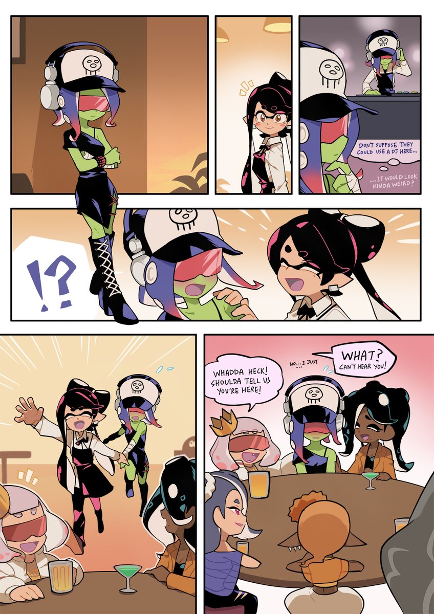 The whole gang's here. (Squid Sisters bartender AU)