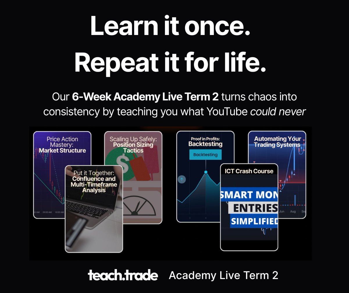 You’ve watched hours of trading videos.
You’ve bought strategies.
You’re still inconsistent.

That’s because you don’t need more content.
You need a repeatable system with guidance.
👉🏽 teach.trade/subscription/a…

Academy Live Term 2 is a 6-week live learning experience led by